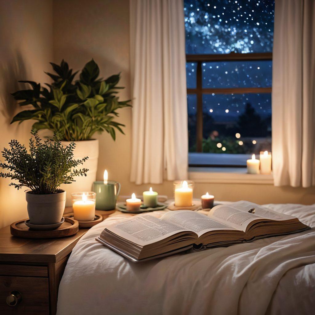 An inviting scene featuring a serene bedroom with soft lighting, a cozy bed adorned with warm blankets, essential oils, and candles around. In the foreground, a couple sharing a candid laugh over a steaming cup of herbal tea, symbolizing connection and intimacy. Gentle pastel colors creating a calming atmosphere, with potted plants and a stack of self-care books on a bedside table. Include thoughtful details like heart-shaped decor and a window revealing a starry night. super-realistic. warm tones. soft focus.