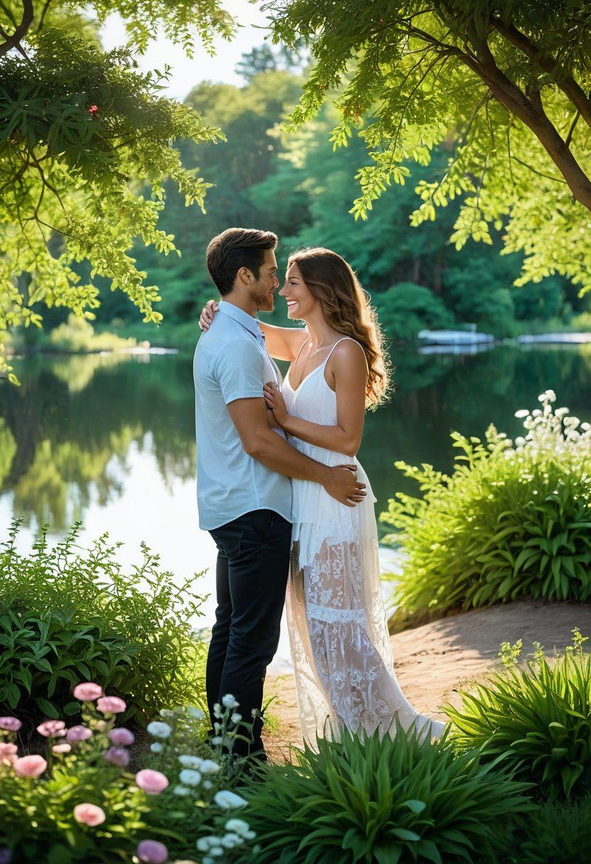 A heartwarming scene depicting a couple embracing in a sunlit park, surrounded by blooming flowers symbolizing love and growth. Soft light filters through the trees, creating a dreamy atmosphere as they share a laugh, with subtle hints of nurturing elements like hands holding plants. The background features a calming lake reflecting the blue sky. romantic. vibrant colors. super-realistic.