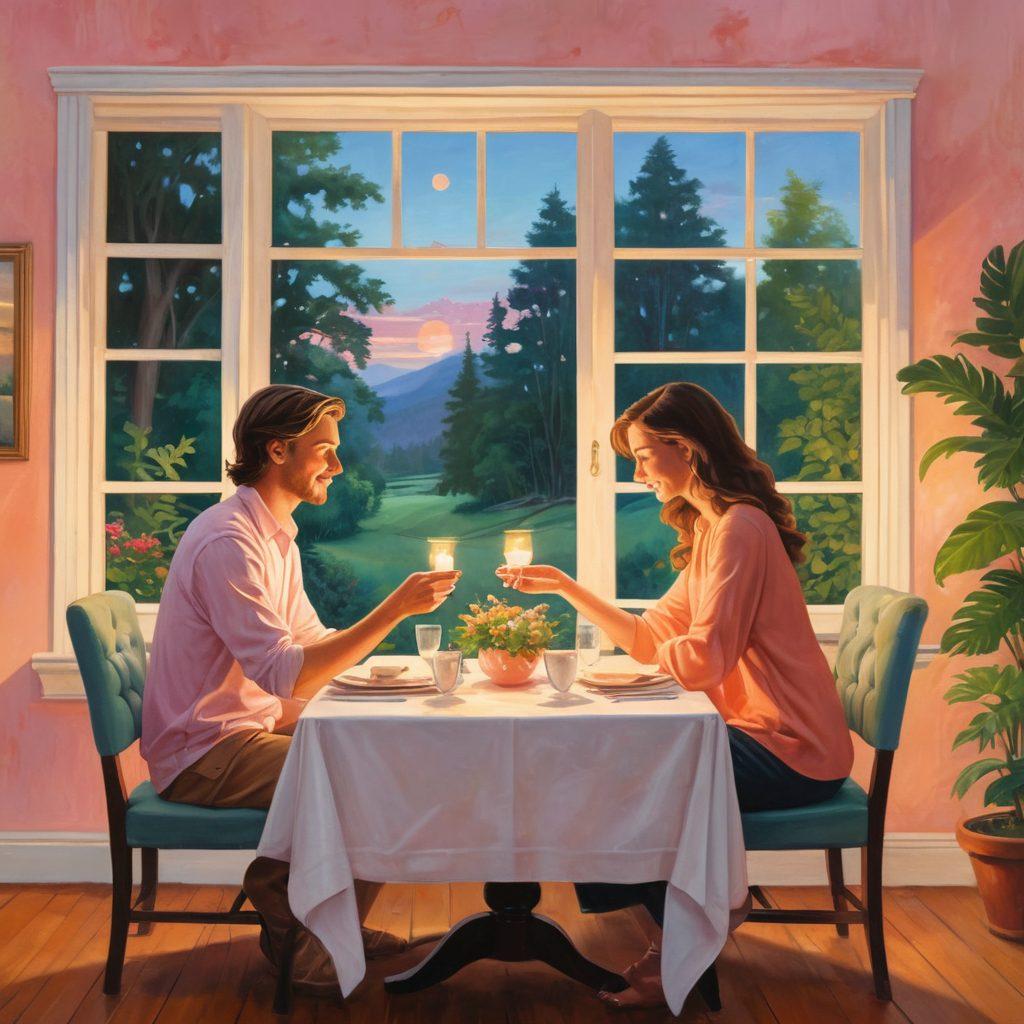 A heartfelt scene depicting a couple in different stages of their relationship journey – from a romantic candlelight dinner to a cozy living room filled with laughter and warmth. Include soft lighting, symbols of love like intertwined hands, a small pet nearby, and a backdrop of nature through a window, signifying growth. Incorporate pastel colors for a warm and inviting atmosphere. painting. soft colors. cozy ambiance.